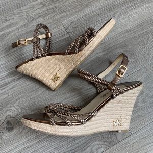 Michael Kors braided gold strap jute wedges size 7